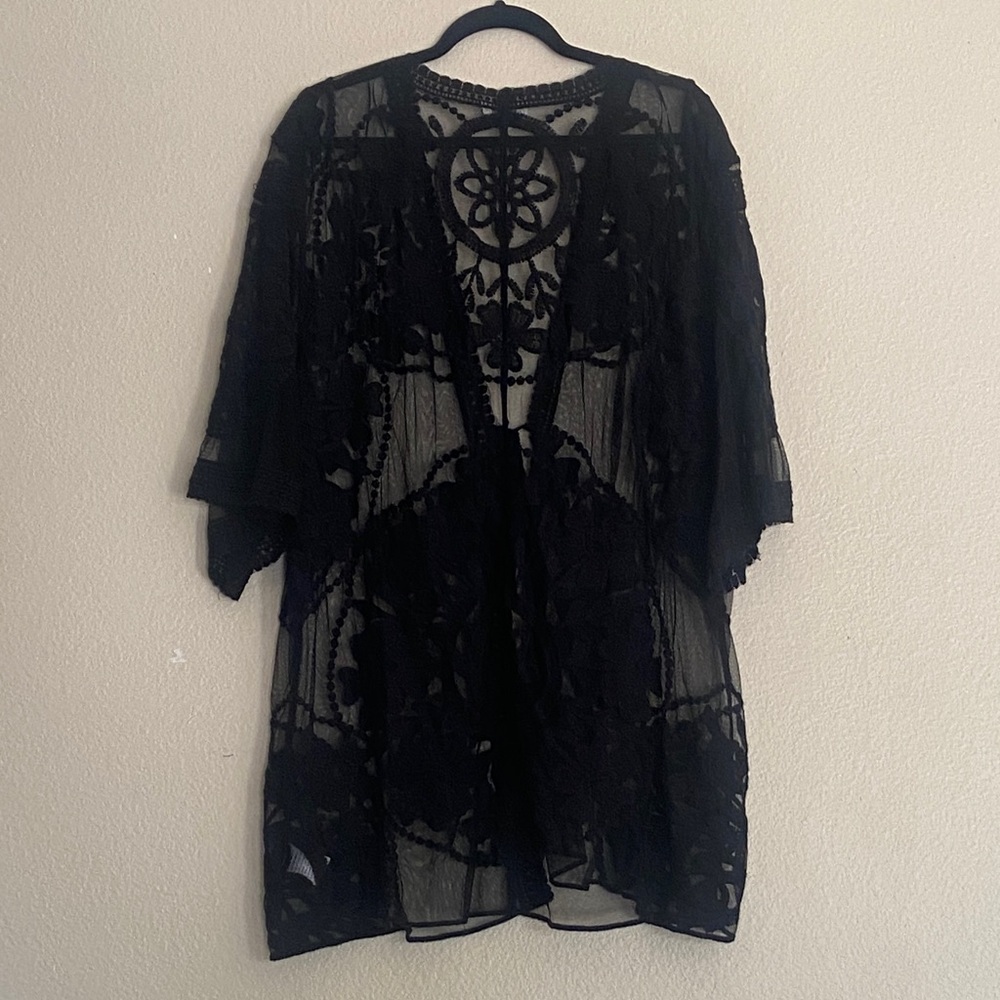 Umgee Boho Sheer Lace Kimono Cardigan, Flowers, Swim Cover-Up, Size Medium - Picture 6 of 13
